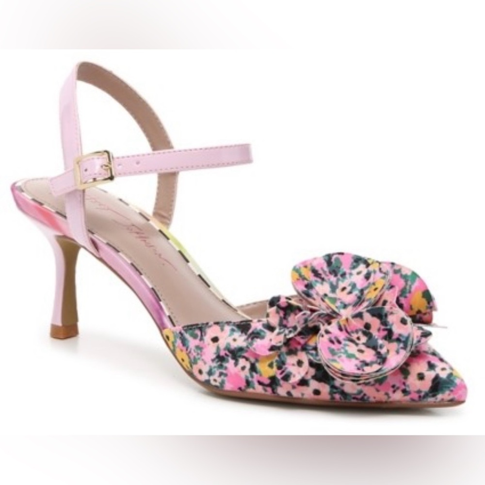 Floral Pink Pointed Toe Slingback Heels with Bow